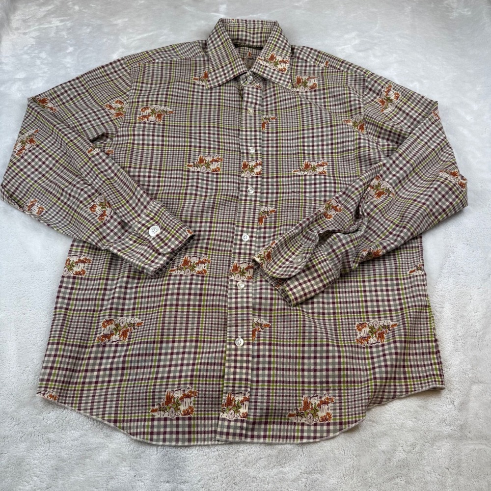 Vintage HIS Mens XL Plaid Horse Carriage Print Button‎ Up Shirt Tru Taper Fit